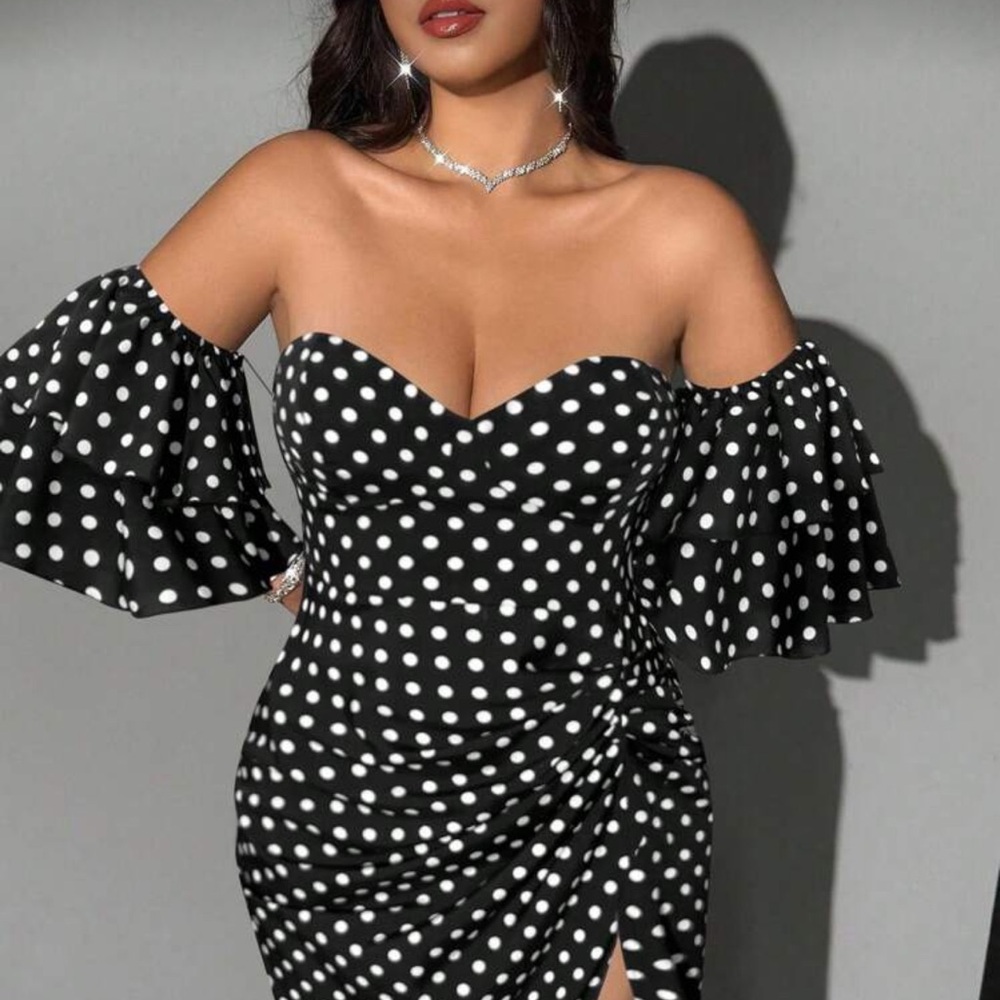 Viva Relle Plus Size Women's Elegant Polka Dot Ruched Tube Dress With Cuffs - Picture 1 of 4